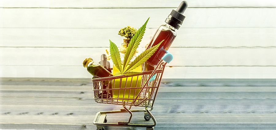 shopping cart full of cannabis products when buying weed online in Canada.