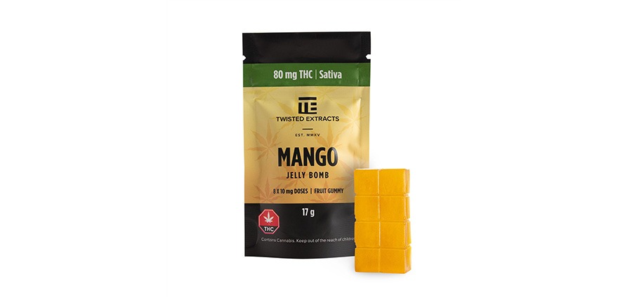 Twisted Extract Mango Jelly Bomb THC gummies and weed edibles at BC cannabis online weed dispensary My Green Solution.