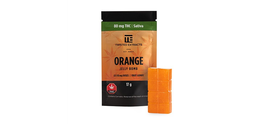 Orange Jelly Bomb Gummys from Twisted Extracts for sale from Online dispensary My Green Solution. Get home delivery same day for edibles in surrey.
